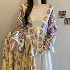 批发波西米亚度假风大码女装慵懒风休闲松弛感镂空钩花针织披肩外套
