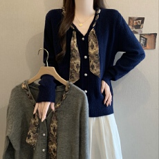 批发大码女装小众设计感碎花领结针织上衣珍珠纽扣宽松减龄长袖开衫