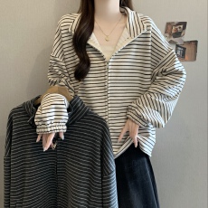 批发胖妹妹韩系横条纹立领上衣大码落肩松紧下摆显瘦百搭休闲拉链外套
