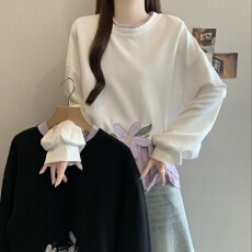 批发大码女装真两件拼接卫衣女微胖mm立体花朵刺绣遮肉显瘦长袖上衣