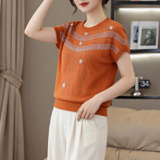 批发减龄妈妈薄款夏装T恤女新款<b class='q'>夏季</b>冰丝针织衫小衫洋气短袖宽松上衣