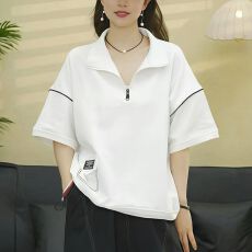 批发21支棉立领半拉链潮流抽绳设计感套头T恤女休闲百搭夏季时尚新款