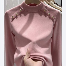 批发260克德绒设计感半高领打底女秋冬新款纽扣装饰百搭<b class='q'>保暖</b>长袖上衣
