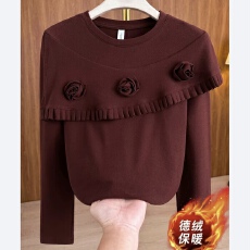 批发220克德绒漂亮立体花朵长袖女秋冬季新款高级感大码显瘦套头上衣