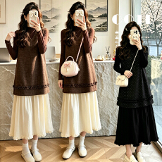批发实拍#2026秋冬孕妇装套装新款弹力打底衫+假两件拼接背心裙