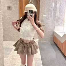 批发日系甜美学院风白色蕾丝花边衬衫<b class='q'>女</b>夏季新款高腰格纹<b class='q'>半身裙</b>两件套