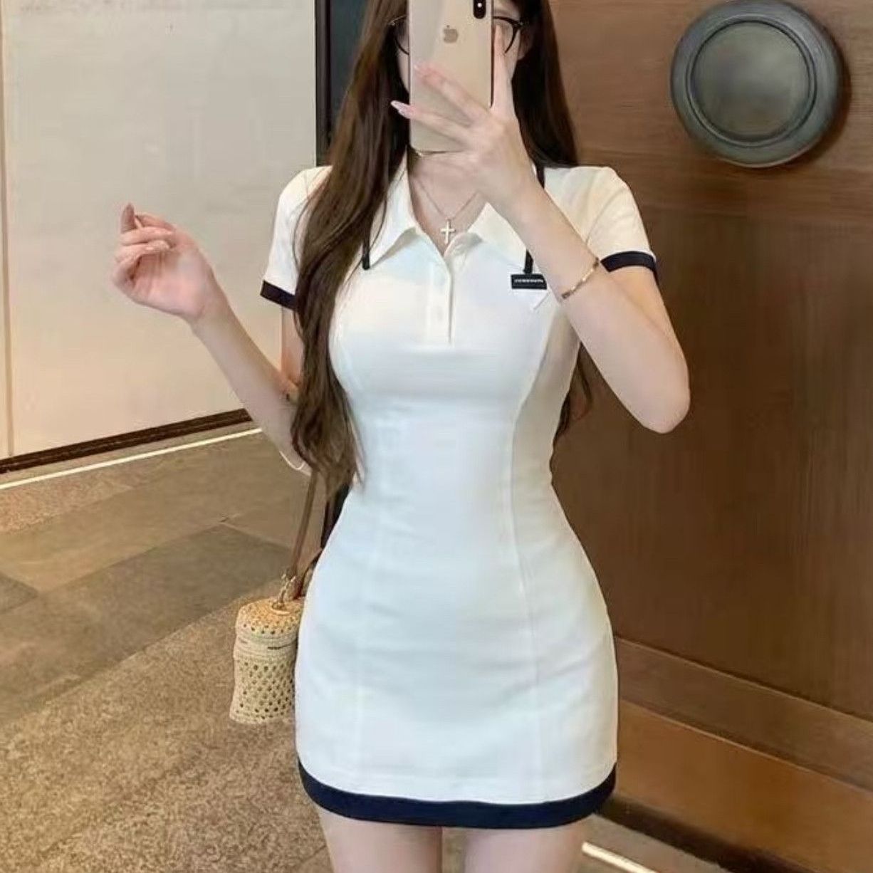 RY7918# 韩系学院风polo领撞色连衣裙女夏季减龄气质修身收腰显瘦包臀短裙
