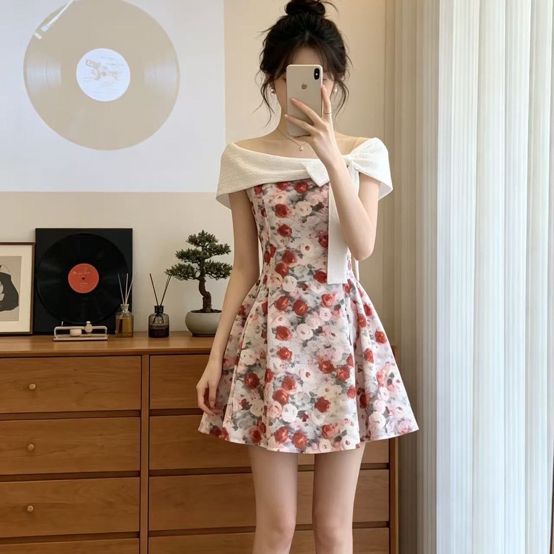 RY7915# 千金风油画玫瑰一字肩连衣裙女2026新款气质蝴蝶结生日礼裙蓬蓬裙