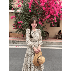 批发欧美春季法式休闲设计女神英伦风印花长裙灯笼袖黑腰带显瘦<b class='q'>连衣裙</b>