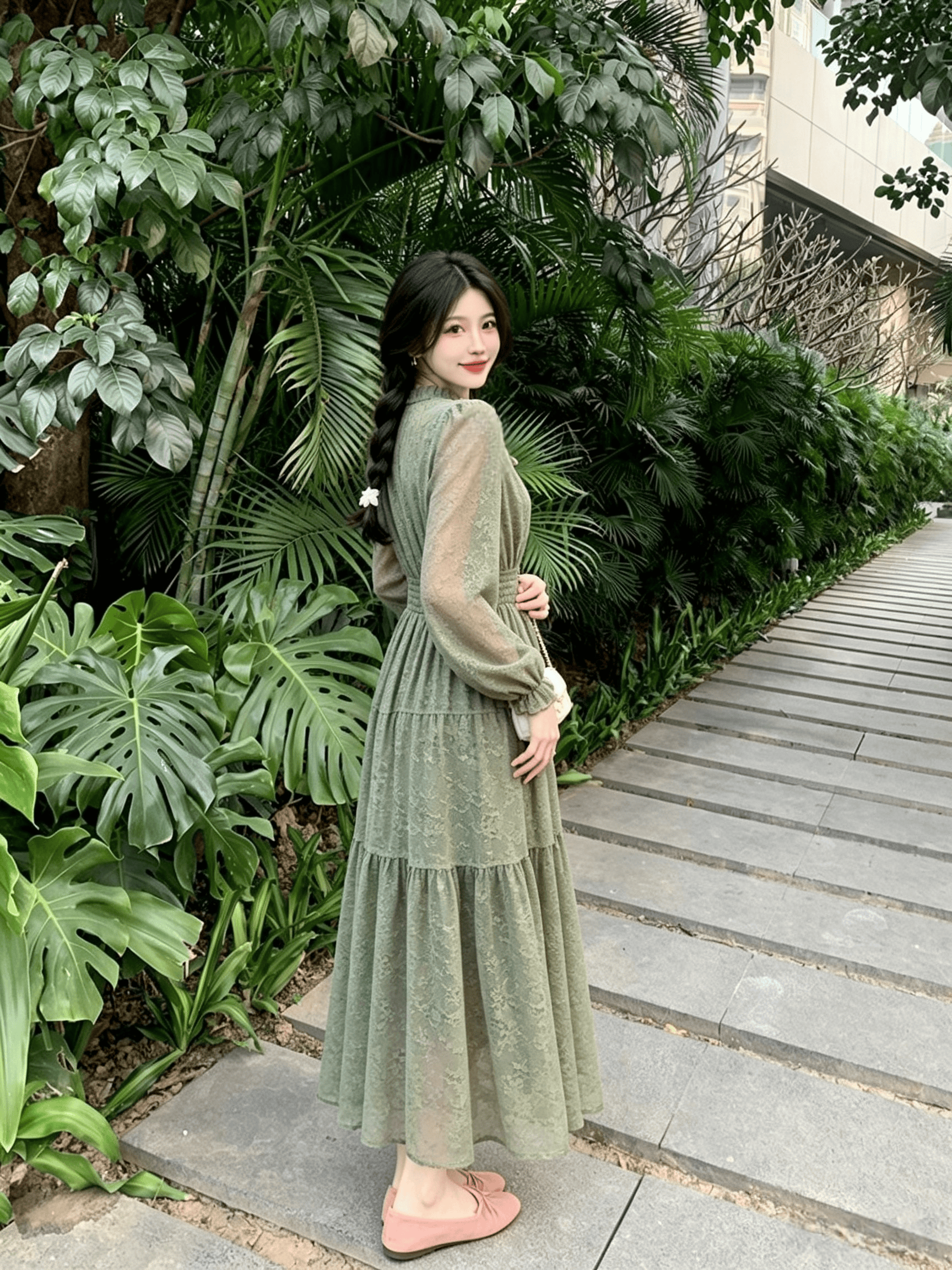 BY31245# 欧美春秋法式复古甜美荷叶领连衣裙灯笼袖松紧腰显瘦印花裙雪纺裙  服裝批發女裝批發服飾貨源