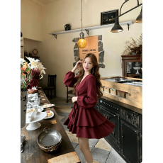 批发纯色显瘦A字短<b class='q'>裤</b>裙女秋季新款女装宽松高腰交叉V领长袖绑带<b class='q'>连衣</b>裙