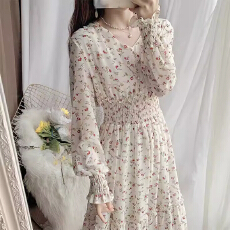 批发清淑新女碎花裙雪纺连衣裙长裙女春季新款韩版仙女裙荷叶边<b class='q'>大摆裙</b>