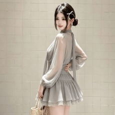 批发法式黑色飘带雪纺长袖<b class='q'>连衣裙</b>女装夏季气质收腰a字短裙巨好看裙子