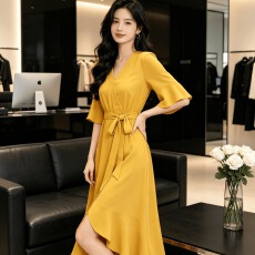 批发收腰女chic纯色荷叶边裙姐妹装胖妹妹遮肚显瘦洋气中长款大裙摆