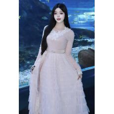 批发高级名媛气质蕾丝拼接网纱V领连衣裙女秋<b class='q'>冬</b>法式收腰蛋糕蓬松长裙