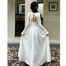 批发2026新款白色长袖<b class='q'>露背</b><b class='q'>连衣裙</b>女法式气质系带蝴蝶结大摆长裙收腰