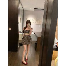 批发法式复古格子娃娃领无袖连衣裙子女夏小个子<b class='q'>蕾丝</b>收腰显瘦背心短裙
