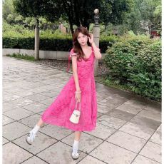 批发裙子女2026夏季新款纯欲超仙印花气质<b class='q'>连衣裙</b>甜美修身蝴蝶结长裙