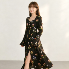 批发2026新款春秋大码女装中长裙子法式复古好看收腰侧开叉<b class='q'>连衣裙</b>潮