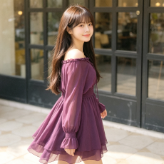 批发大码女装2026秋季新款胖mm显瘦遮肚子<b class='q'>连衣裙</b>女紫色一字肩收腰裙子