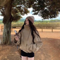 批发韩系新款英伦风气质立领风衣外套女秋季双排扣卡其色宽松百搭上衣