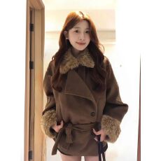 批发原版面料重磅美拉德毛领拼接毛呢外套女秋冬2026新款显瘦大衣