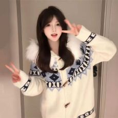 批发韩系可爱毛领连帽毛衣女学生秋冬季费尔岛提花宽松针织外套