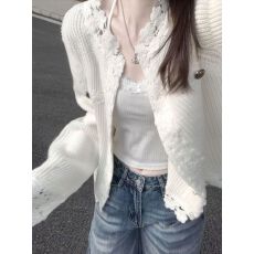 批发法式蕾丝花边V领针织开衫女早秋绝美<b class='q'>设计</b>感毛衣外套气质上衣