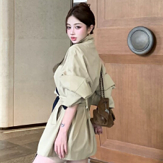 批发2026韩国气质撞色中长款风衣外套女新款韩版系带收腰显瘦时尚大衣