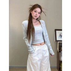批发韩系设计感长袖开衫条纹背心吊带秋甜辣时尚套装上衣
