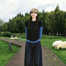 批发抽绳撞色假两件显瘦长袖<b class='q'>T</b><b class='q'>恤</b>女秋冬设计感上衣
