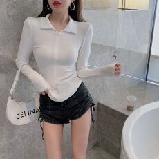 批发<b class='q'>欧美</b>风春秋紧身翻领长袖<b class='q'>T</b><b class='q'>恤</b>女辣妹收腰内搭打底衫上衣