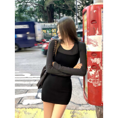 批发辣妹风<b class='q'>黑色</b>圆领长袖修身包臀短裙连衣裙 显瘦气质