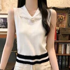 批发优雅气质V领无袖蕾丝条纹针织背心吊带 显瘦通勤