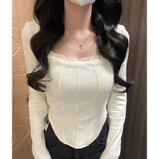 批发纯欲风米白色方领长袖蕾丝边收腰短款<b class='q'>T</b><b class='q'>恤</b> 显瘦气质