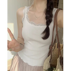 批发温柔风蕾丝U领修身木耳边纯色背心吊带 显瘦气质百搭