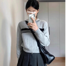 批发学院风灰色翻领拉链<b class='q'>短款</b>条纹长袖<b class='q'>卫衣</b>/绒衫 显瘦气质