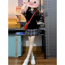 批发学院风V领假两件拼接格子收腰显瘦长袖连衣裙 减龄气质