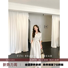 批发优雅温柔风米<b class='q'>白色</b>荡领斜排扣长袖收腰系带<b class='q'>长裙</b>连衣裙 显瘦气质