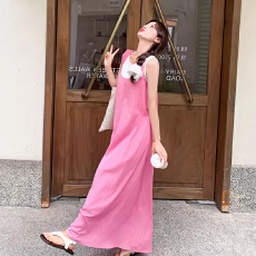 批发韩版清新甜美粉色V领无袖长款<b class='q'>假两件</b><b class='q'>连衣裙</b> 显瘦气质