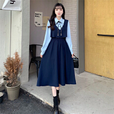批发学院风藏青色拼接衬衫领长袖中长款大摆<b class='q'>连衣裙</b> 显瘦气质通勤
