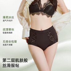 批发高腰轻塑几何蕾丝粉彩风无痕10A抗菌蚕丝加长底裆内裤