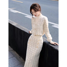 批发小香风针织两件套气质<b class='q'>通勤</b>女半高领假两件上衣高腰半身裙时尚套装