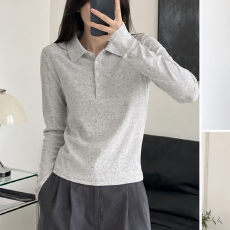 批发영기홍 新款polo领纯欲纽扣高级感别致长袖针织打底上衣女毛衣