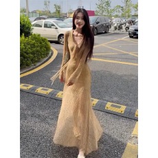 批发法式喇叭袖针织蕾丝透感系带<b class='q'>连衣裙</b>女秋季高级感收腰显瘦气质长裙
