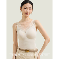 批发영기홍 莱赛尔波浪领网纱保暖背心无痕蕾丝保暖背心女带胸垫一体