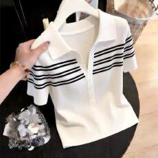 批发法式小众Polo领短袖针织衫<b class='q'>女</b>早春条纹坑条纽扣通勤<b class='q'>打底衫</b>