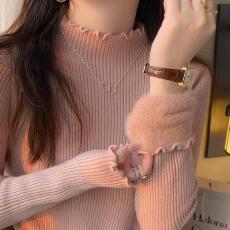 批发木耳边半高领毛衣女冬季加绒加厚内搭高级感针织衫一体水<b class='q'>貂绒</b>上衣