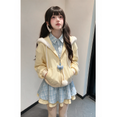 批发甜美<b class='q'>可爱</b>少女学院风套装秋冬装假两件连帽卫衣外套蛋糕短裙两件套