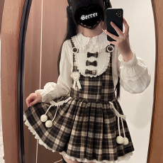 批发日系古着格纹<b class='q'>连衣裙</b>两件套甜美娃娃领上衣套装裙子收腰显瘦小个子